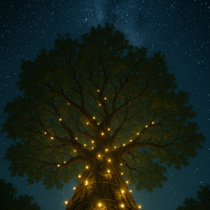 Looking up a lit tree with stars in the sky